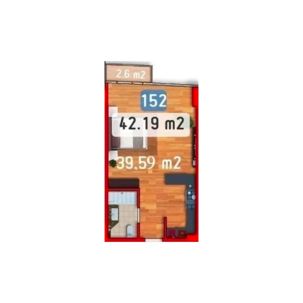 1 bedroom (42,19 m²) flat with balcony in