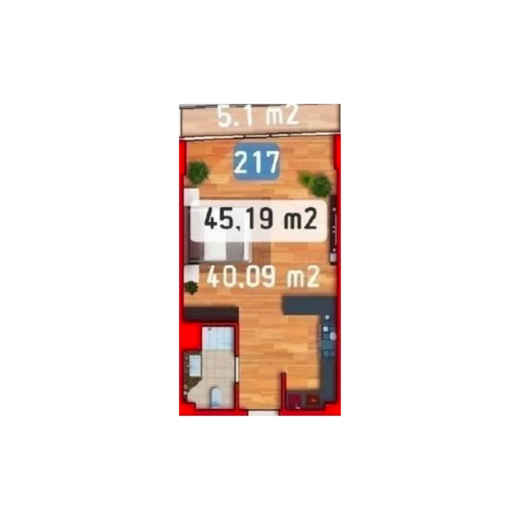 Modern studio of 45,19 m² with access to a balcony in the