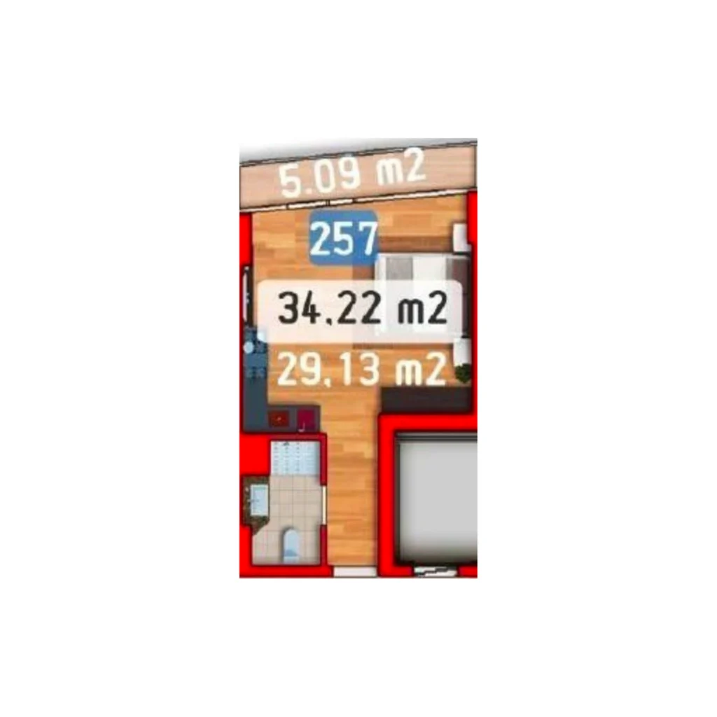 Studio flat (34,22 m²) with balcony in