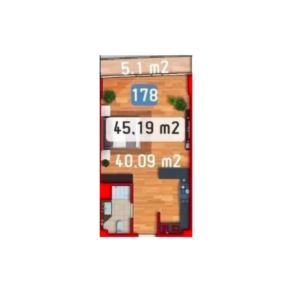 One bedroom (45,19 m²) flat with balcony