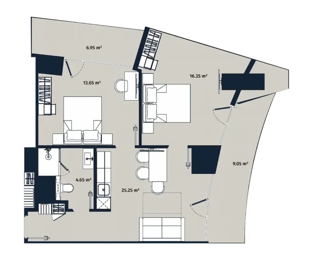 Dinamik iki yatak odalı, iki balkonlu 75,90 m²