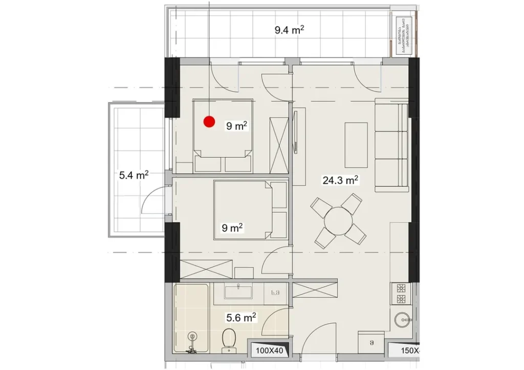 Famille double avec deux balcons 55.40 m² en