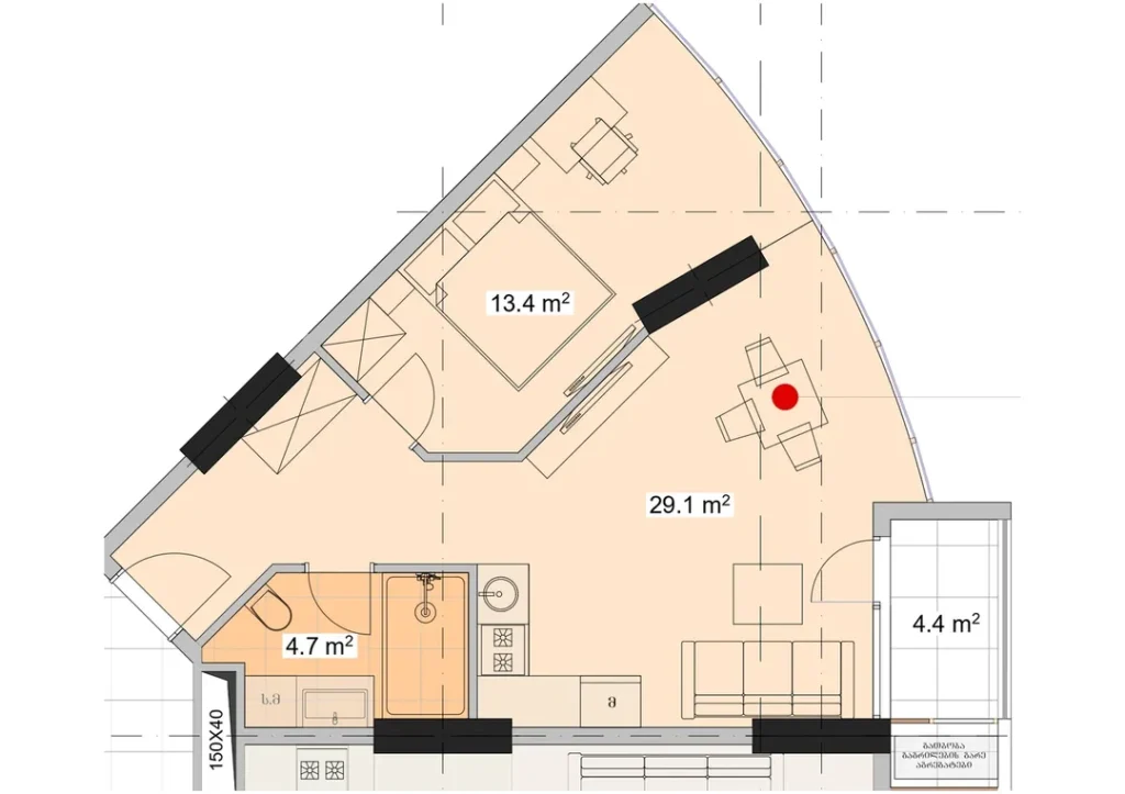 Confortable studio de 51,60 m² dans un immeuble de bureaux.