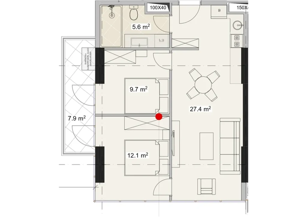 Spacieux appartement à deux chambres à coucher avec grand salon 62,70 m² dans le quartier de l'hôtel.