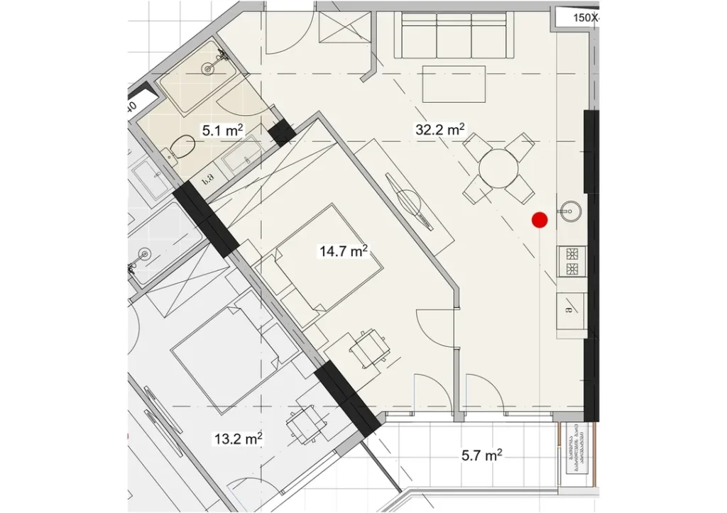 Spacieuse chambre à coucher-eurodouble de 57,70 m² en