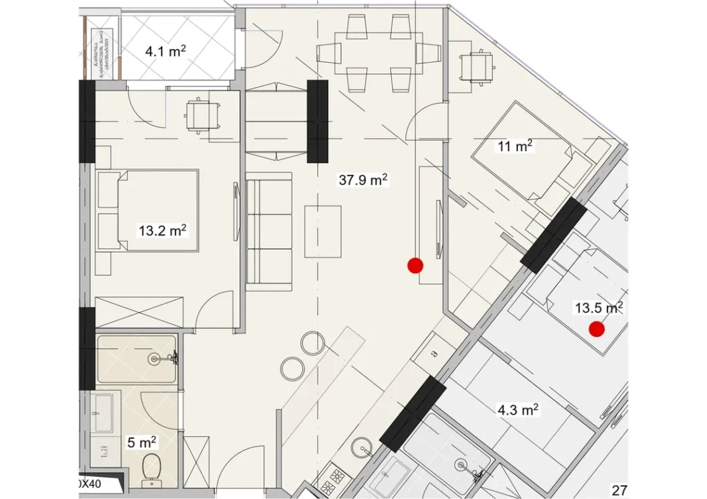 Spacieux appartement de deux chambres à coucher pour une famille avec un grand salon de 71,20 m² dans un immeuble de bureaux.
