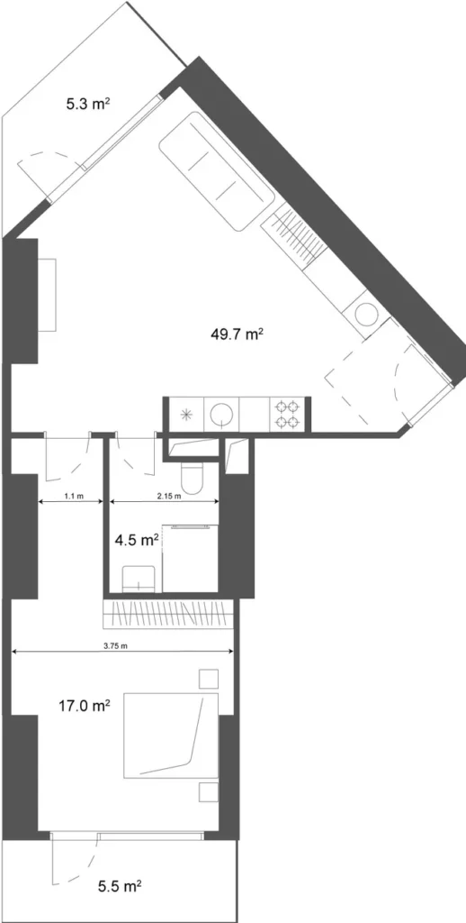 Spacieux appartement d'une chambre à coucher 34.50 m² à