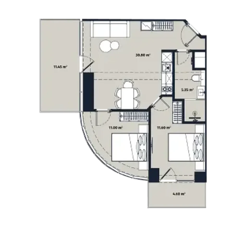 Практичная двушка с двумя балконами 74.80 м² в