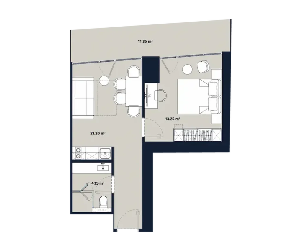 One bedroom with terrace 54.35 sq.m. in