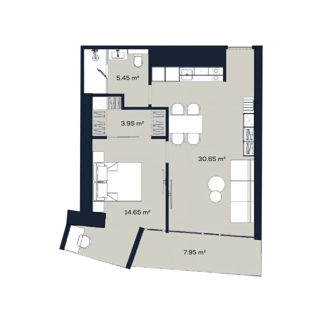 Moderní byt s 1 ložnicí a promyšlenou dispozicí o rozloze 62,65 m2 v centru města.