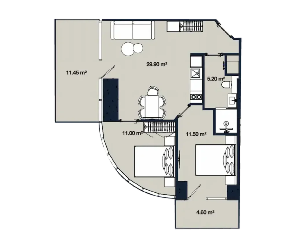 Семейная двушка с двойным балконом 73.65 м² в