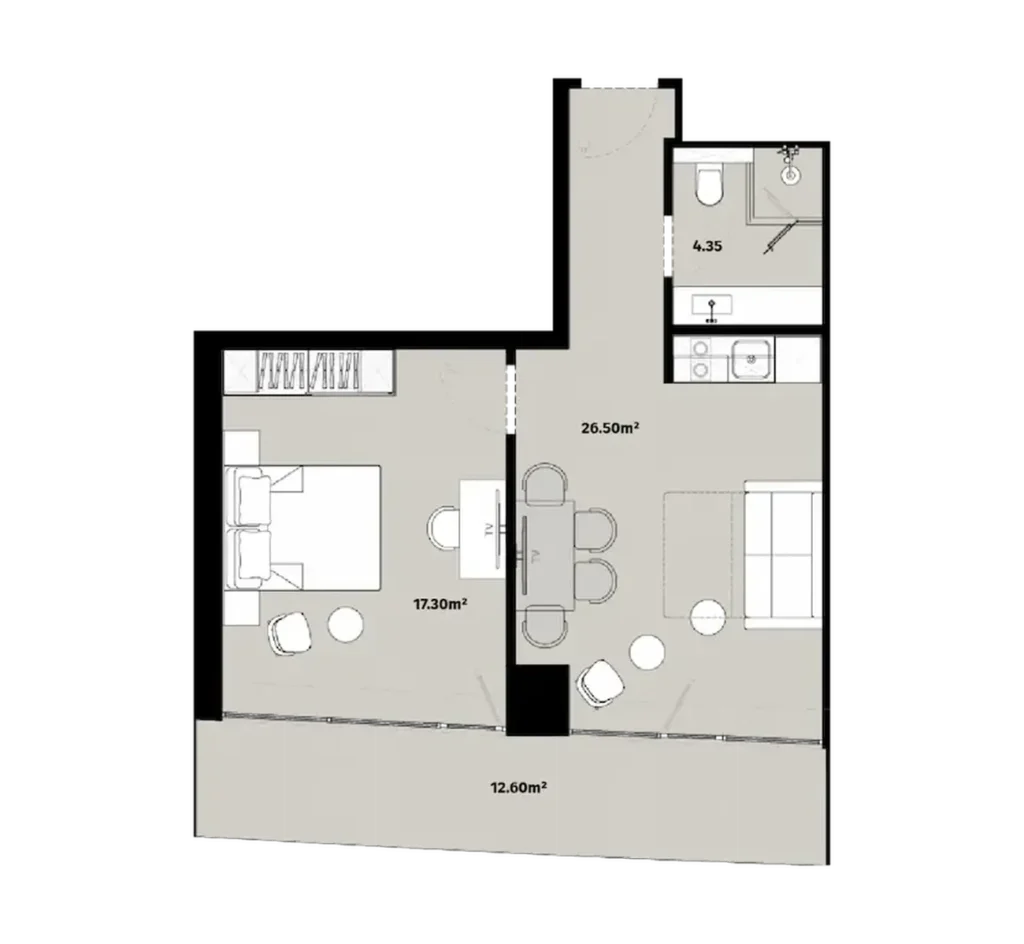 1 yatak odalı daire 60.75 m² içinde