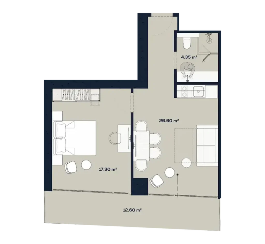 Rahat ve aydınlık tek yatak odalı daire 60,85 metrekare