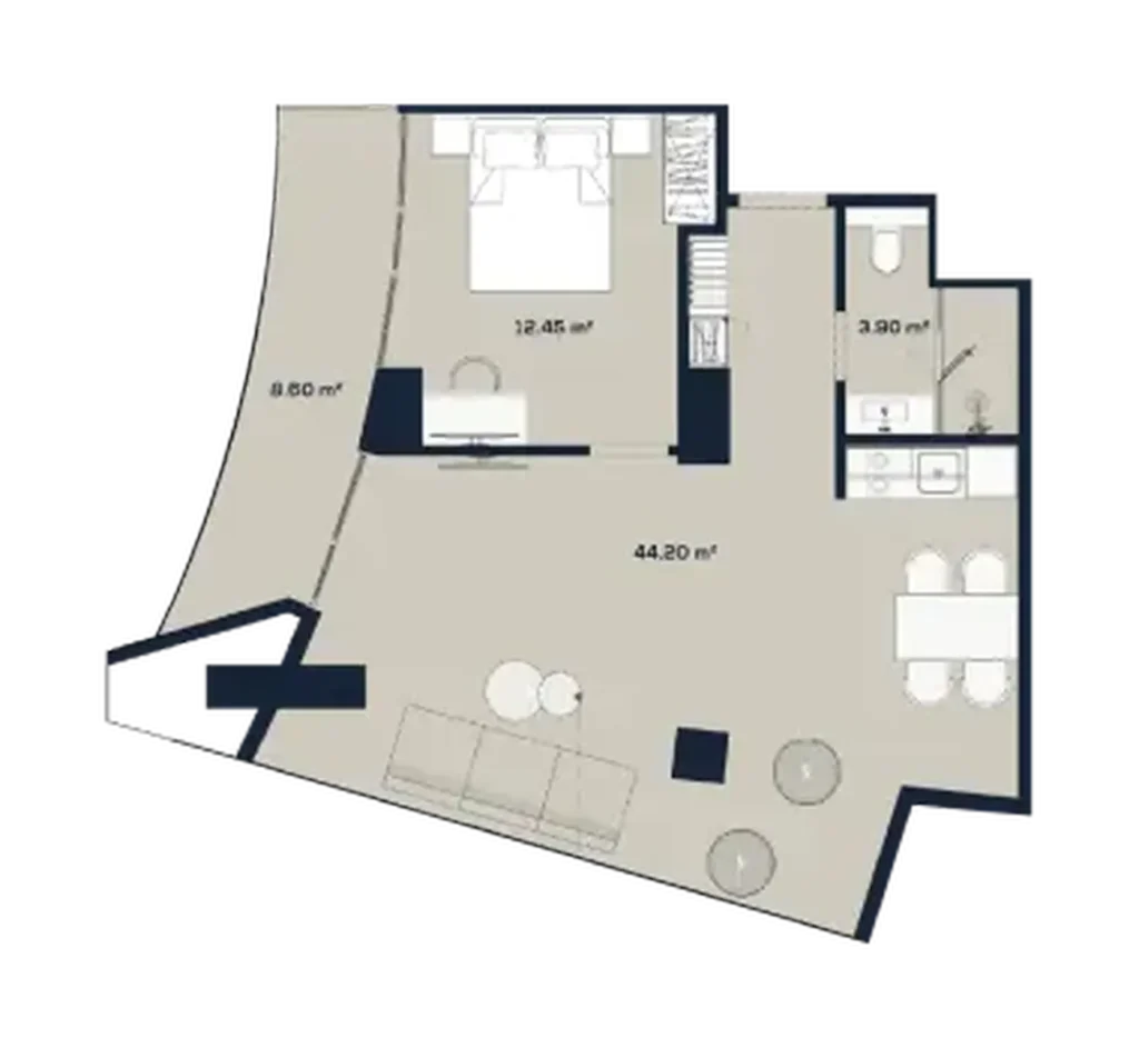 Laconic'te 69,15 m² büyüklüğünde balkonlu stüdyo daire