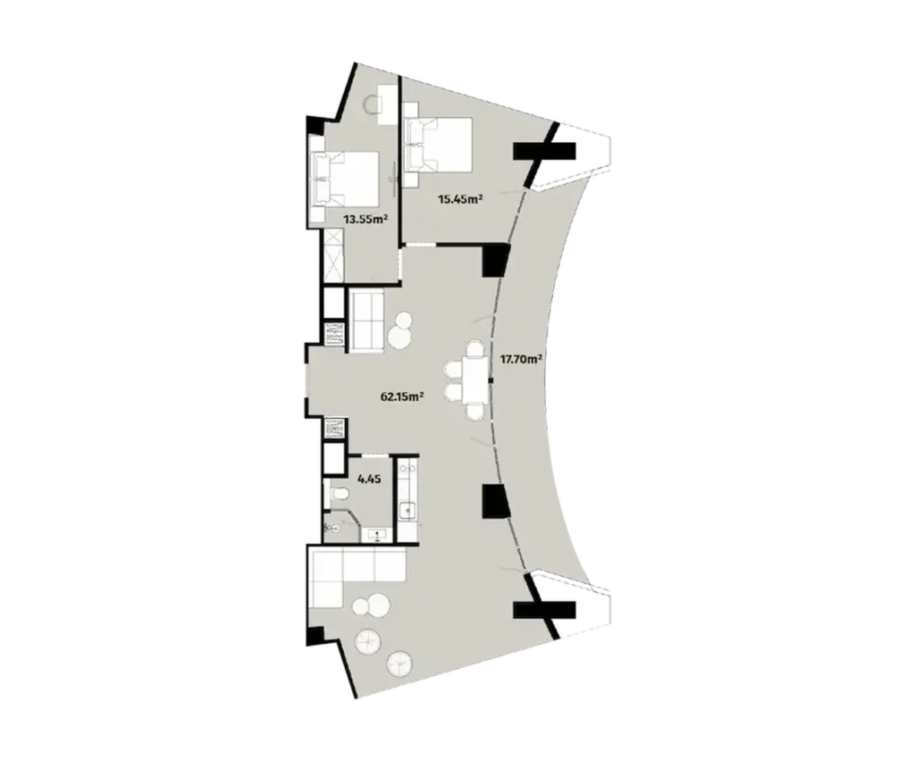 113,30 metrekarelik büyük tek yatak odalı daire.