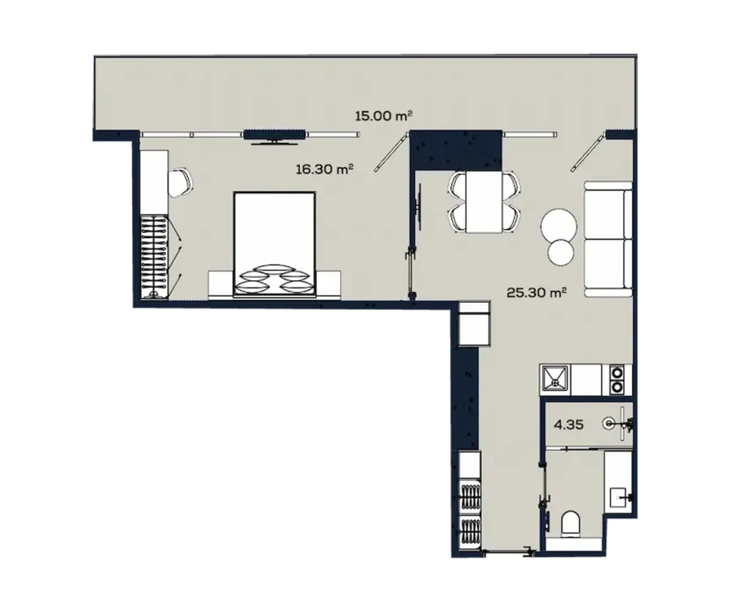 Светлая двушка с балконом-гостиной 60.95 м² в
