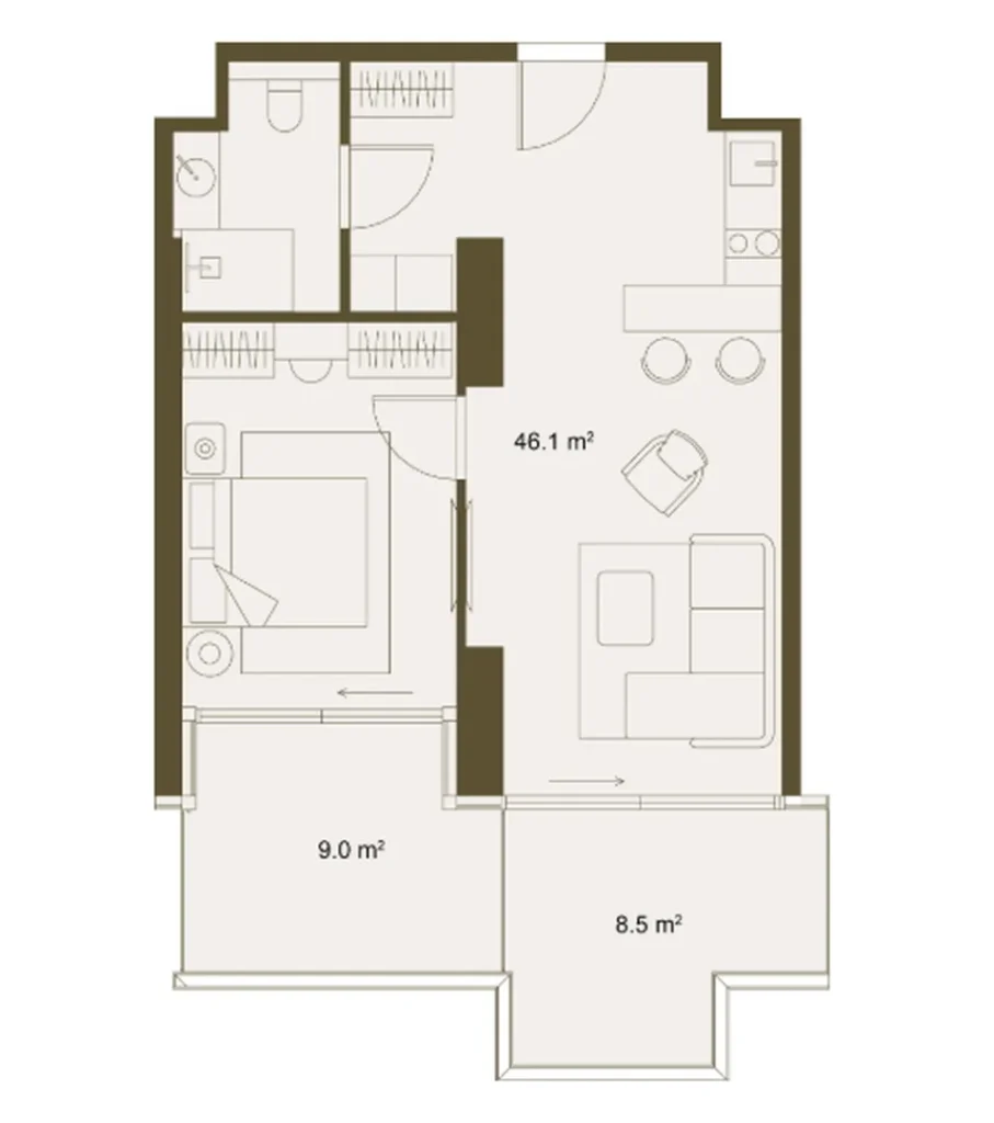 62,42 m²'den başlayan geniş iki teraslı daire