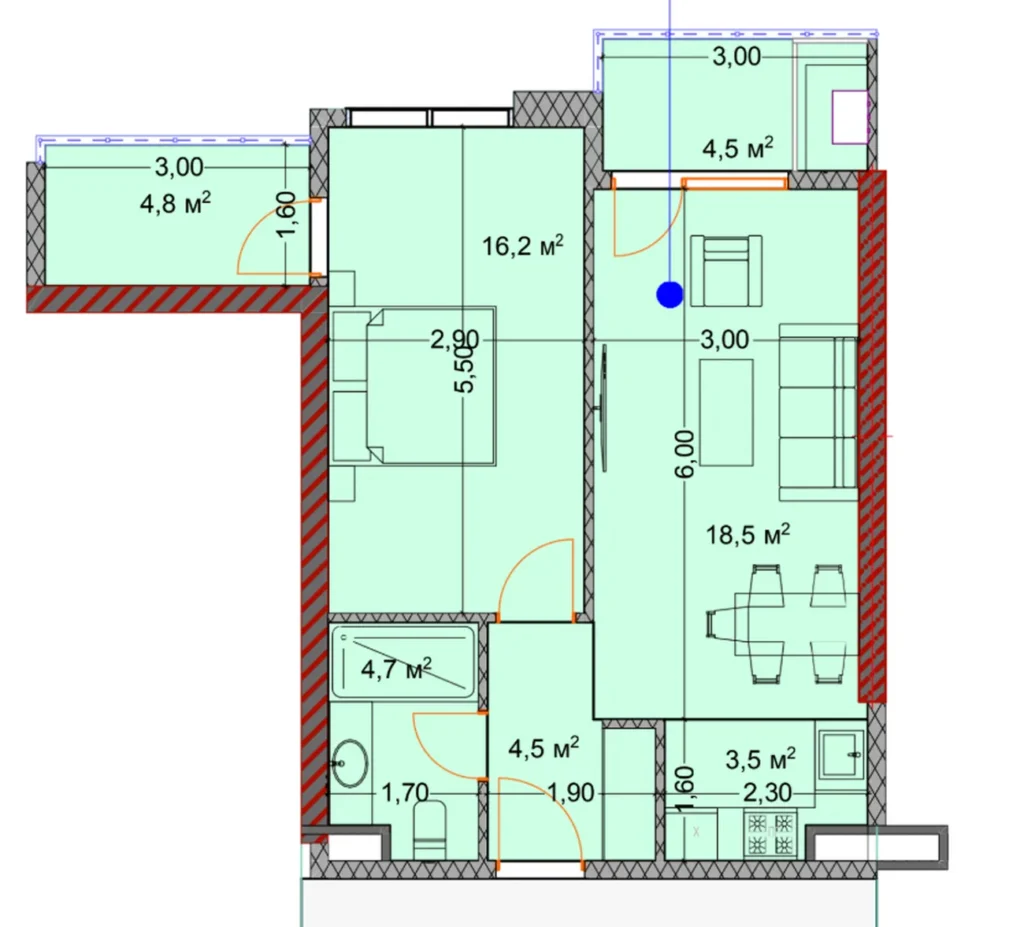 Chambre à coucher avec deux terrasses 56.70 m² en