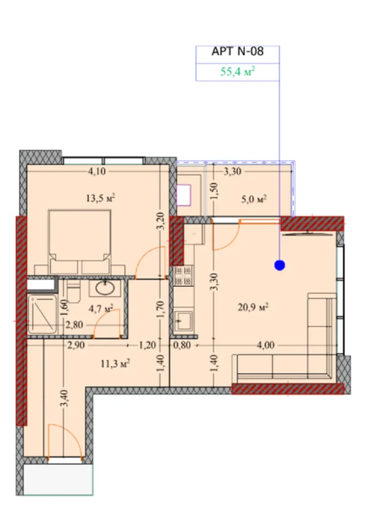 Chambre à coucher confortable avec espaces séparés 55.40 m² en