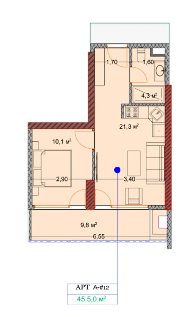 Chambre à coucher spacieuse avec un grand balcon 45,80 m² en
