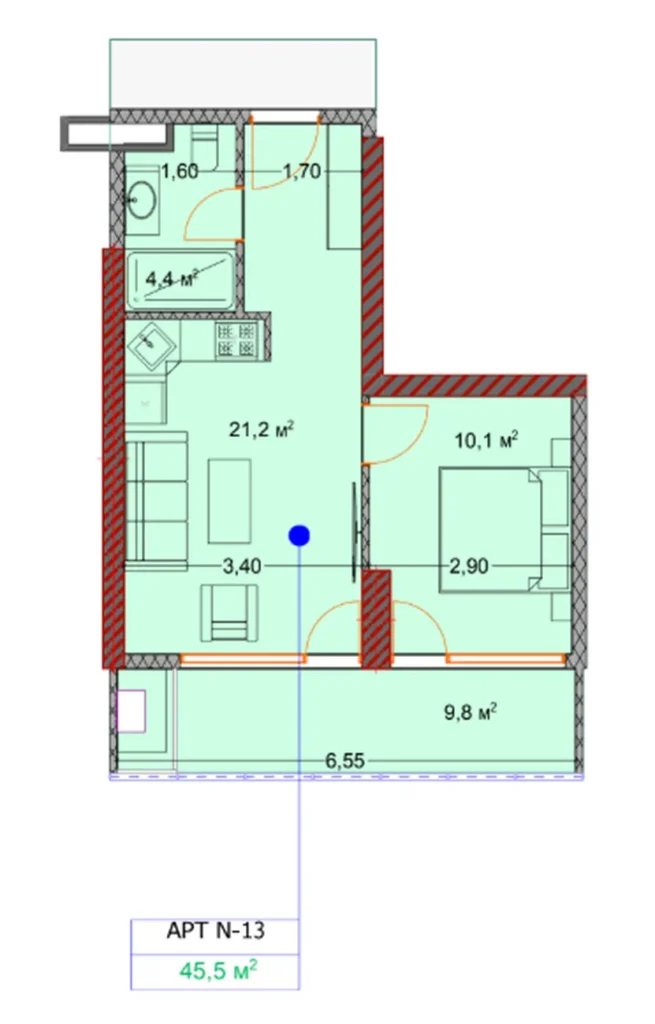 Appartement confortable d'une chambre à coucher avec terrasse spacieuse 45.50 m² à