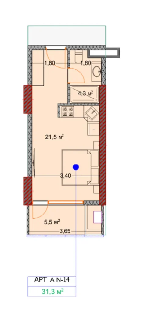 Studio avec balcon spacieux 31.30 m² en