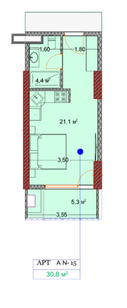 Studio avec grand balcon 31.30 m² en