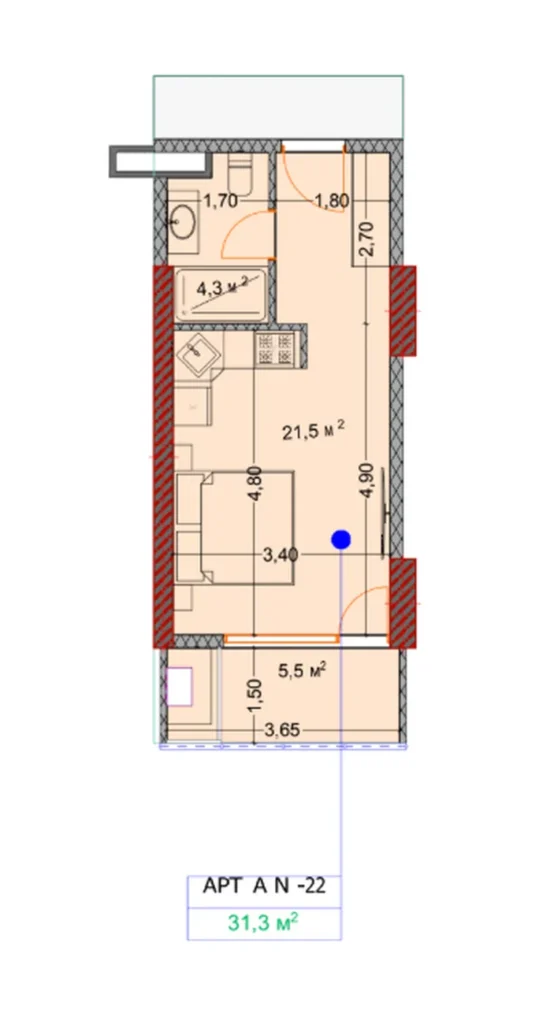 Studio confortable avec balcon spacieux 31.30 m² en
