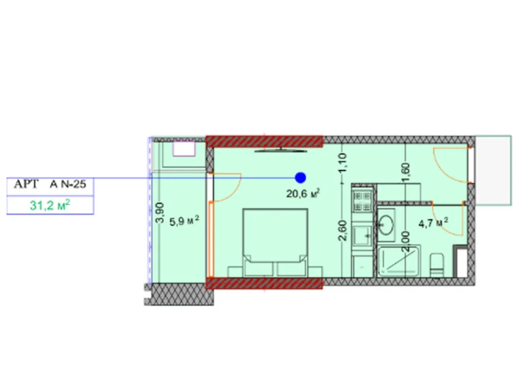 Studio avec balcon agrandi 31.20 m² en
