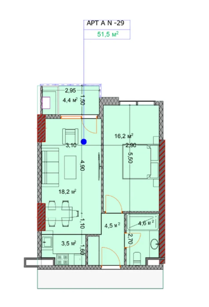 Chambre à coucher avec salon spacieux 51.50 m² en