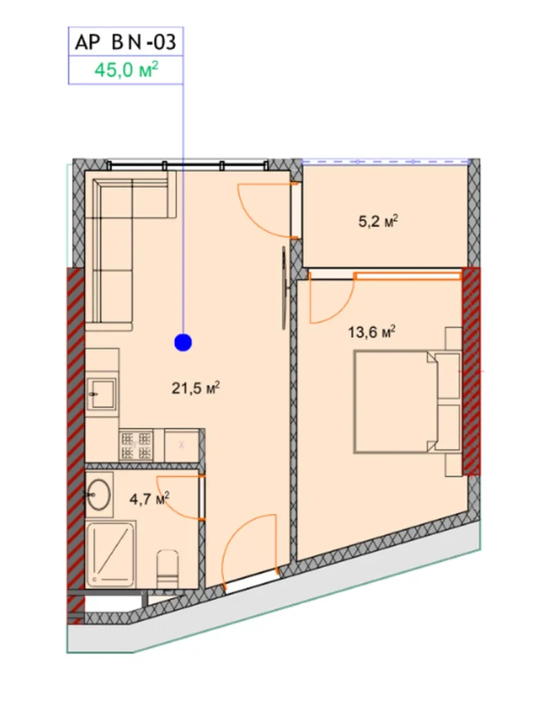 Une chambre à coucher avec un salon spacieux 45.00 m² en