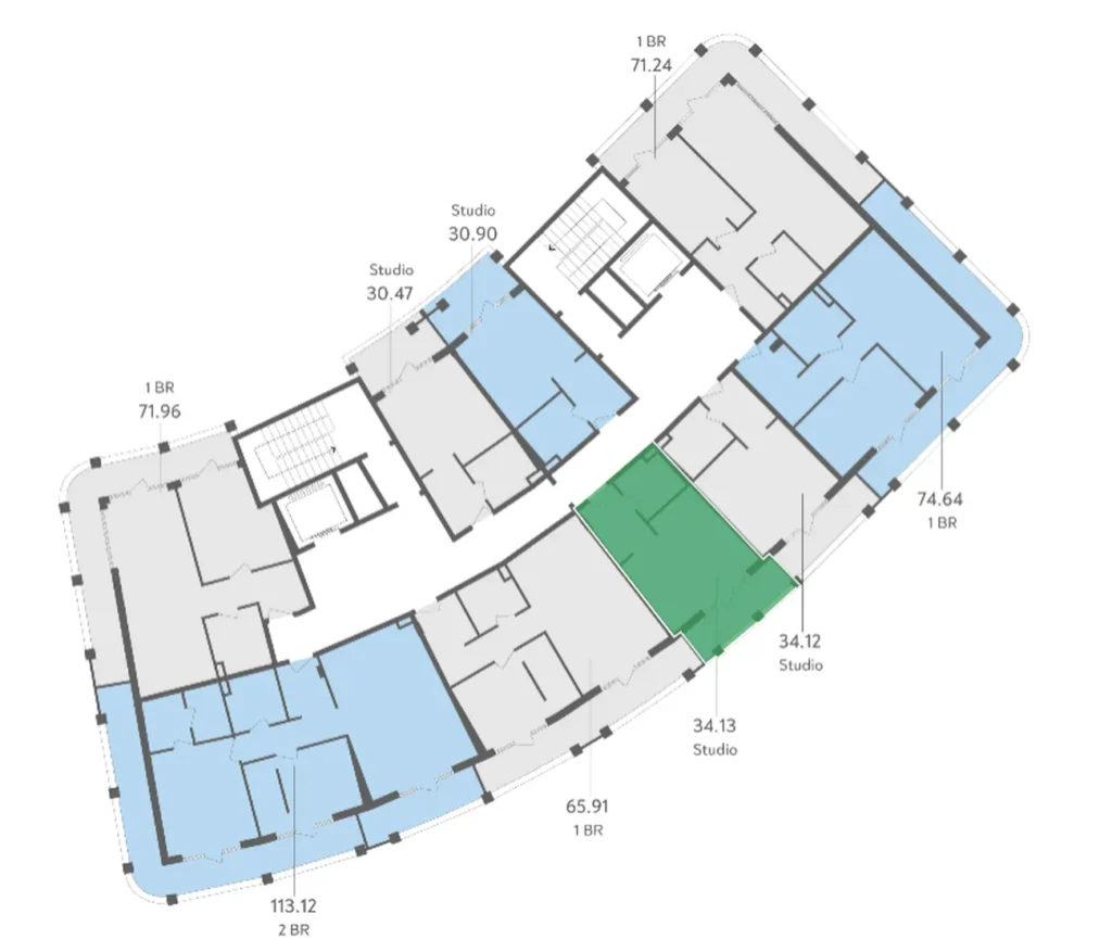 Современная студия с балконом 34.10 м² в