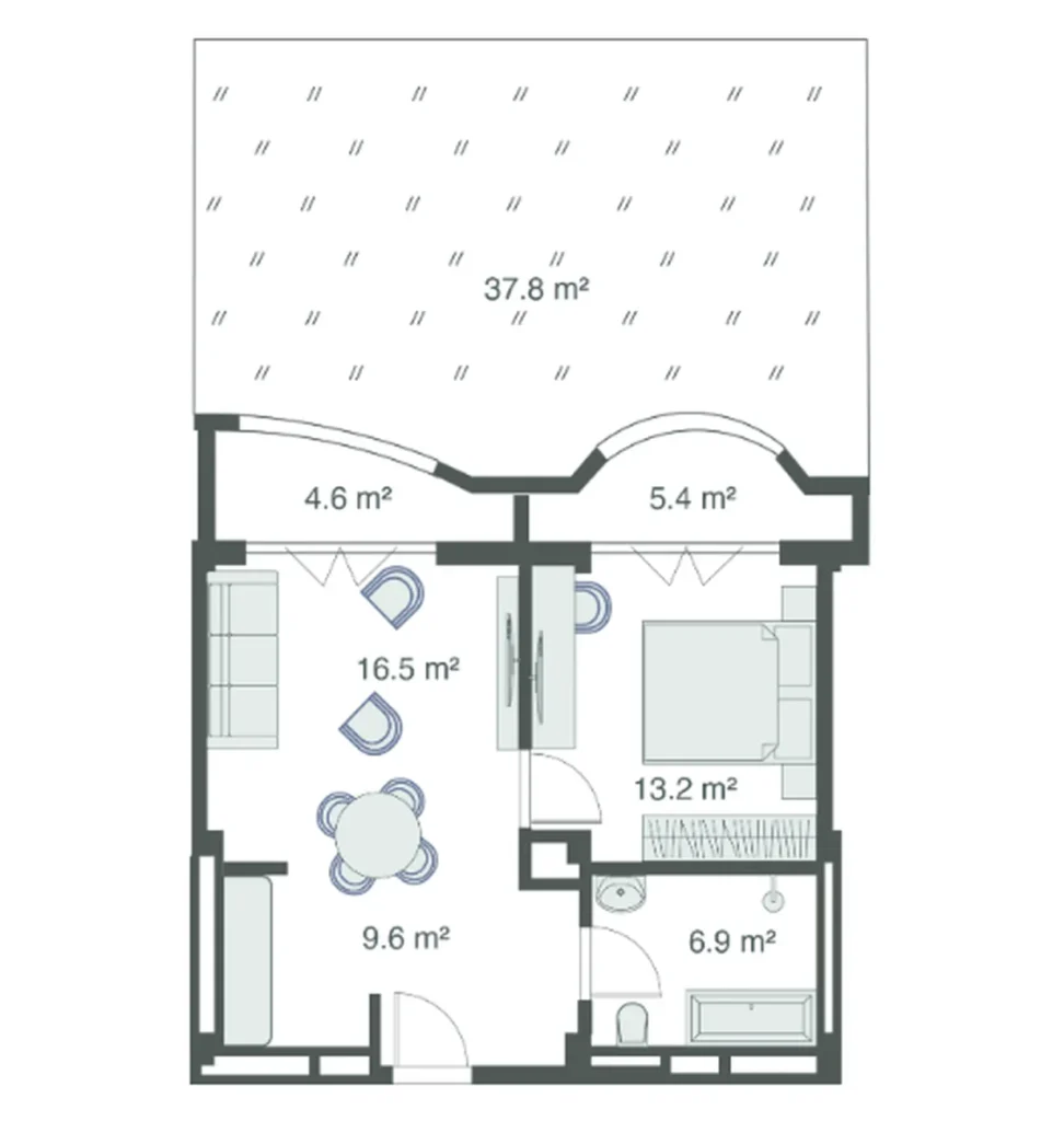 1 pokojowe mieszkanie z dwoma tarasami o powierzchni 56,20 mkw. w