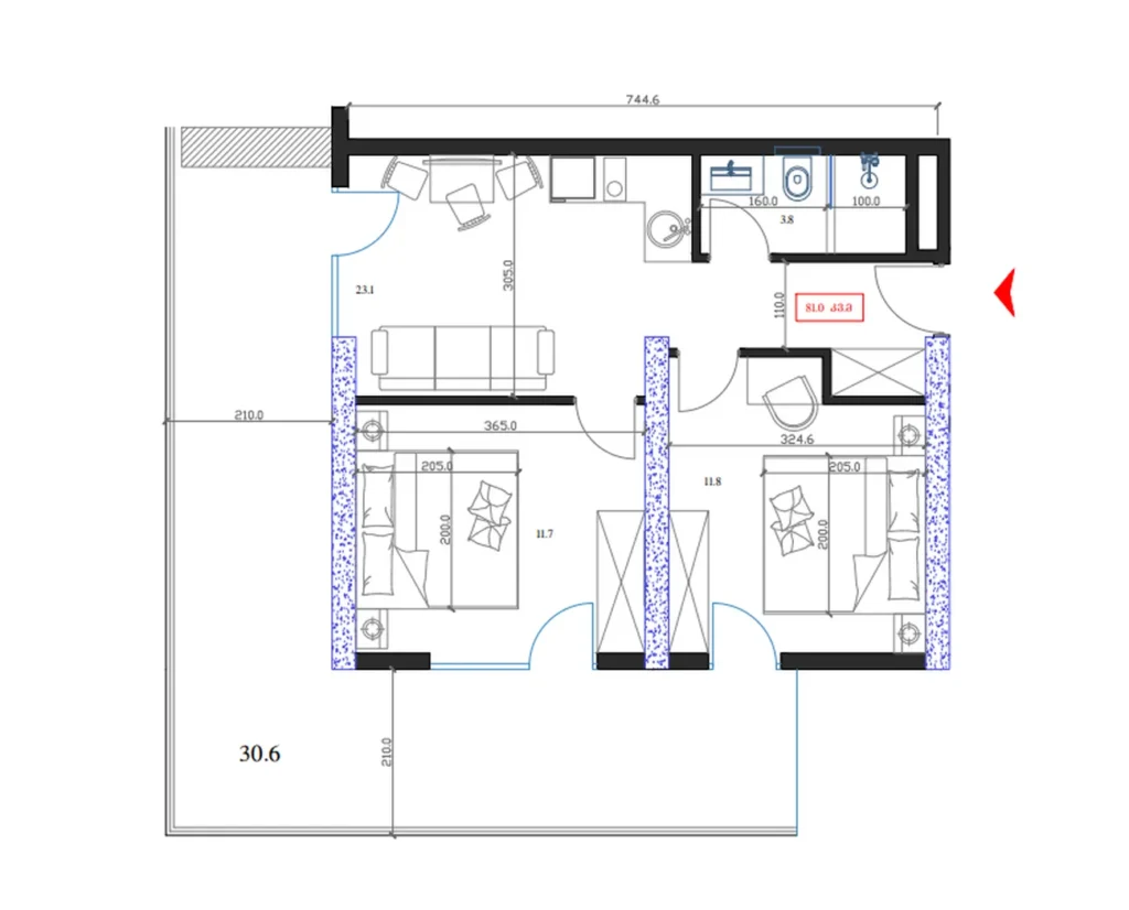 Spacieux appartement de 81,00 m² avec deux chambres à coucher.