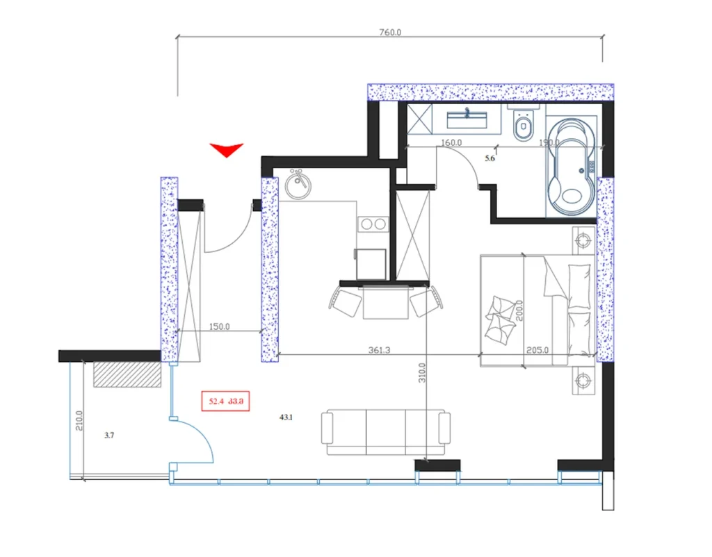 Studio moderne et fonctionnel de 52,4 m² dans le quartier de l'hôtel.