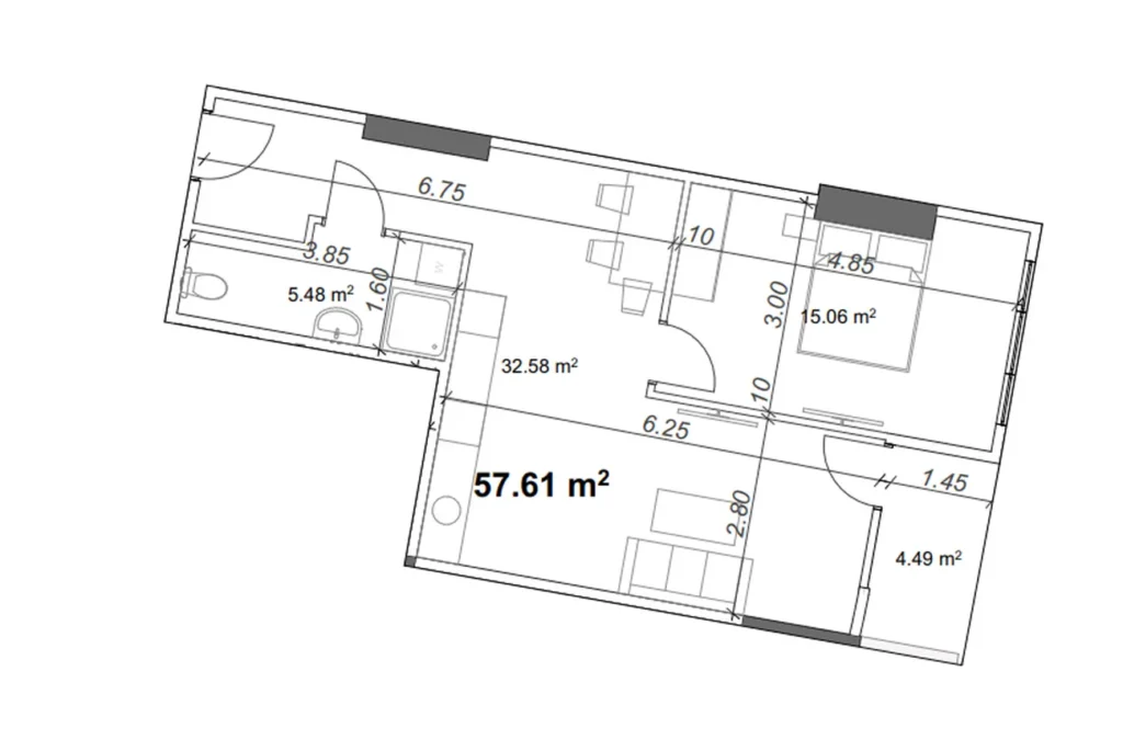 57,61 m²'lik kompakt ve şık 1 yatak odalı daire.