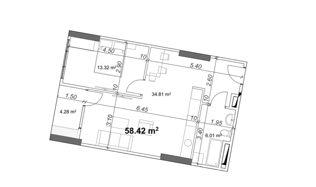 Светлая и стильная 1-комнатная квартира 58.42 м² в