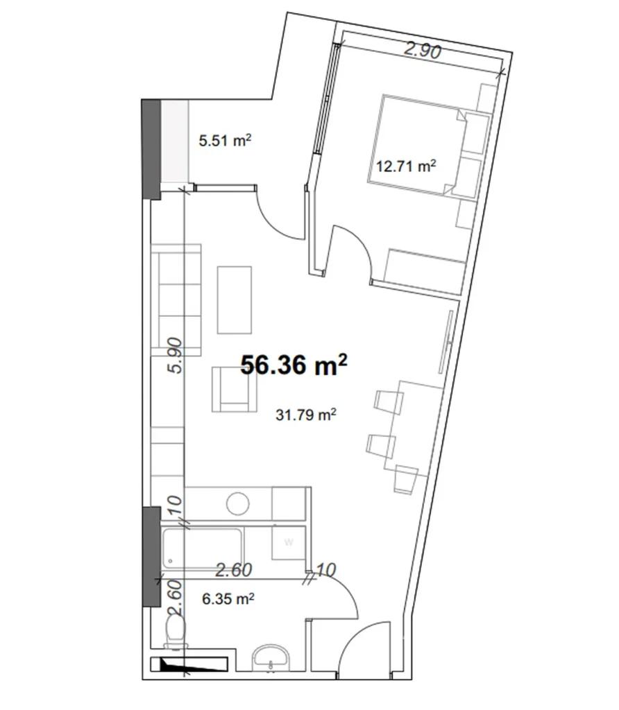 Компактная однушка с панорамным балконом 56.36 м² в