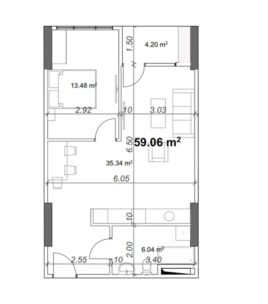 Современная 1-комнатная квартира 59.06 м² в