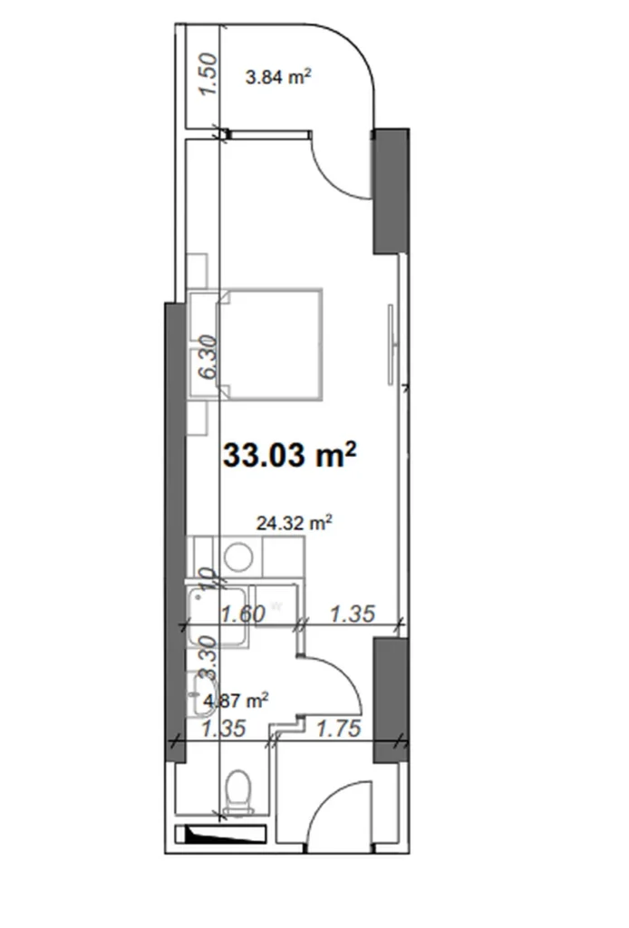 Spacieux appartement avec salle de bain agrandie de 33,03 m² dans le quartier de l'hôtel de ville.