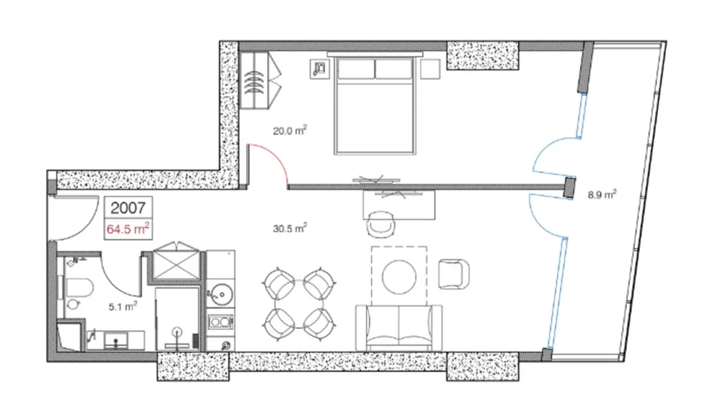 Modern one-bedroom of 64.50 sq.m. in