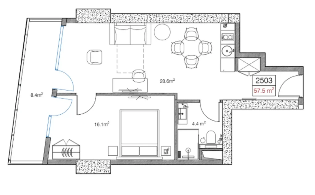 Modern 1-bedroom flat 57.50 m² in