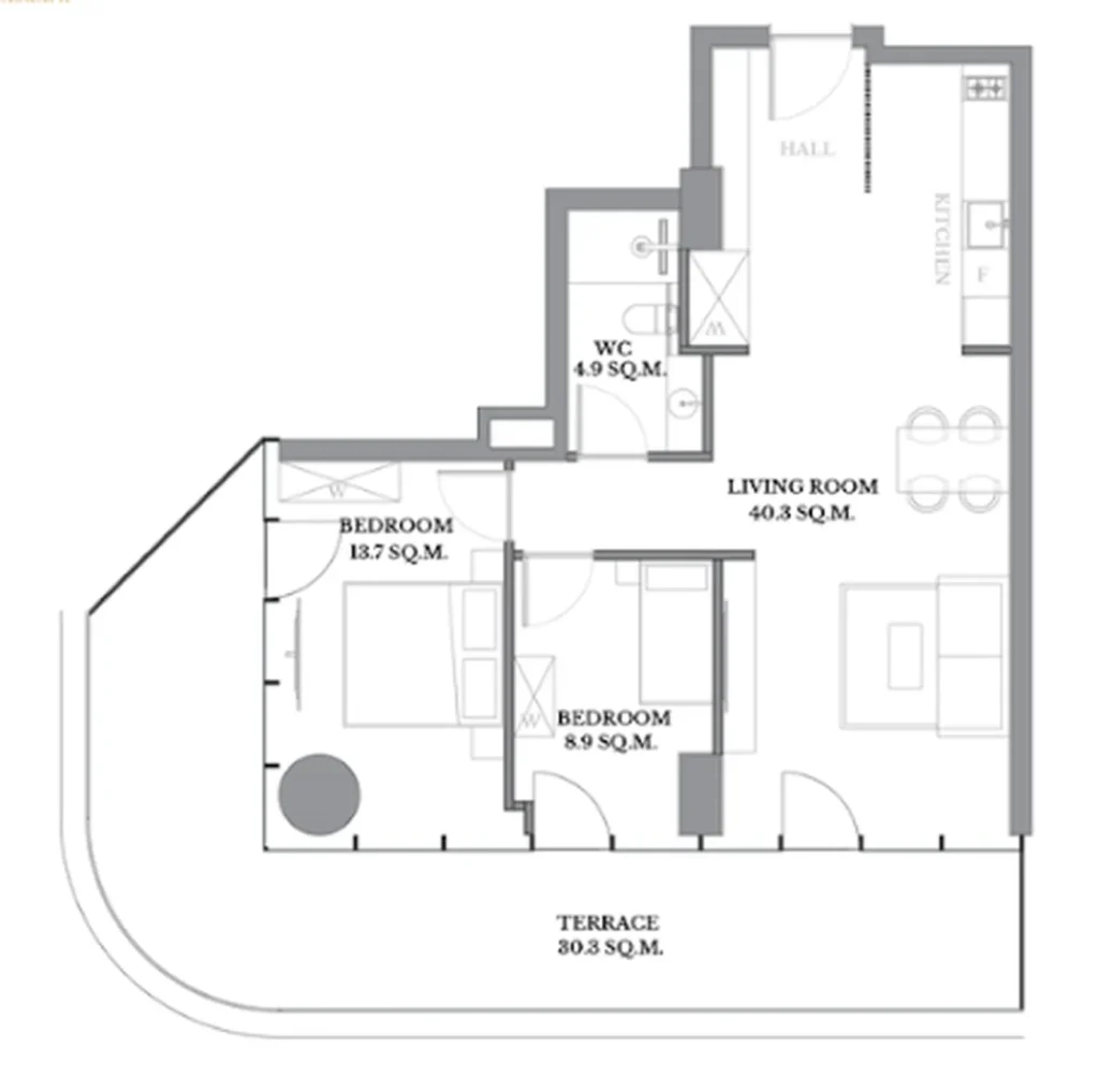 Prostorný apartmán se dvěma ložnicemi a terasou u lesa 98,10 m² v