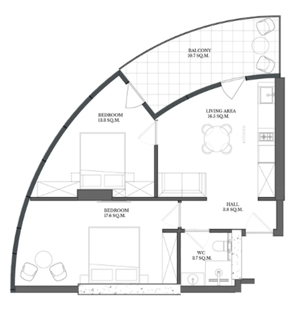 Světlá dvouložnicová ložnice s prostorným balkonem 65,60 m² v