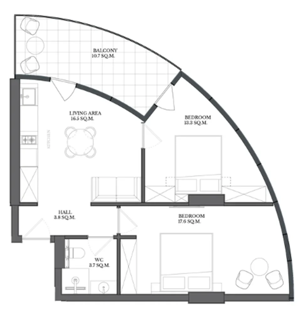 Prostorný apartmán se dvěma ložnicemi a velkou terasou o rozloze 65,60 m2 v