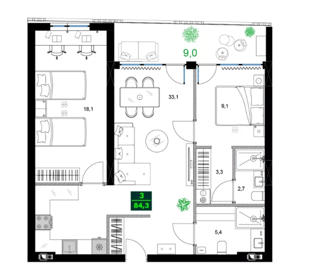 Комфортная двушка 84.30 м² в