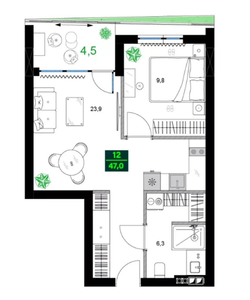 Cosy one-bedroom with spacious bathroom 47.00 m² in