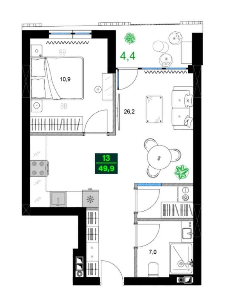 Pratik 1 yatak odalı daire 49.90 m² içinde
