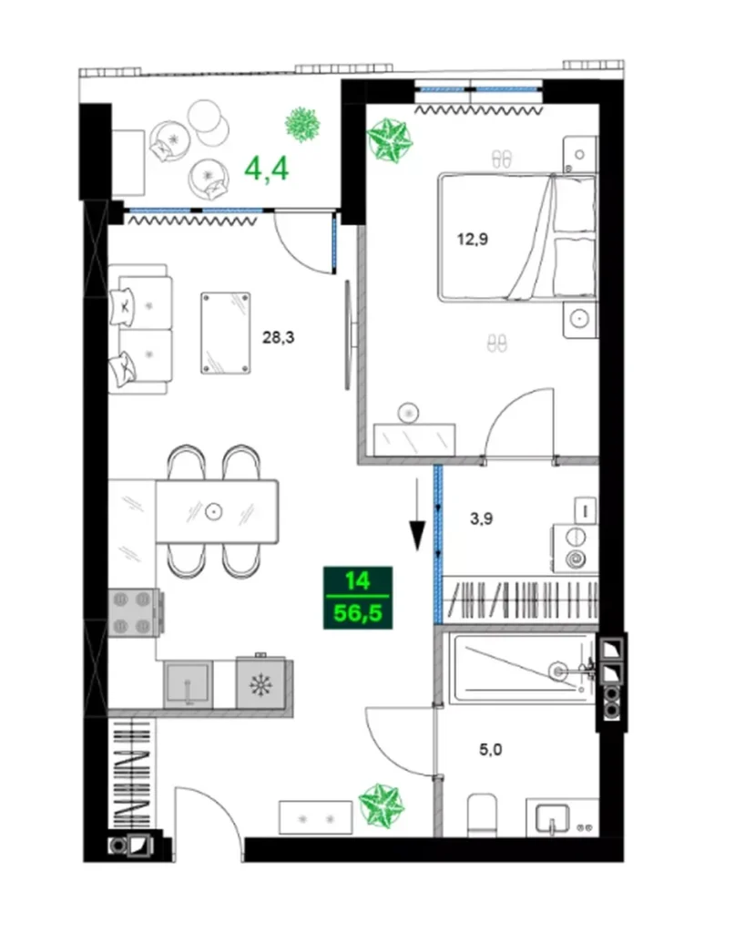 Smart one-bedroom with dressing room 56.50 m² in