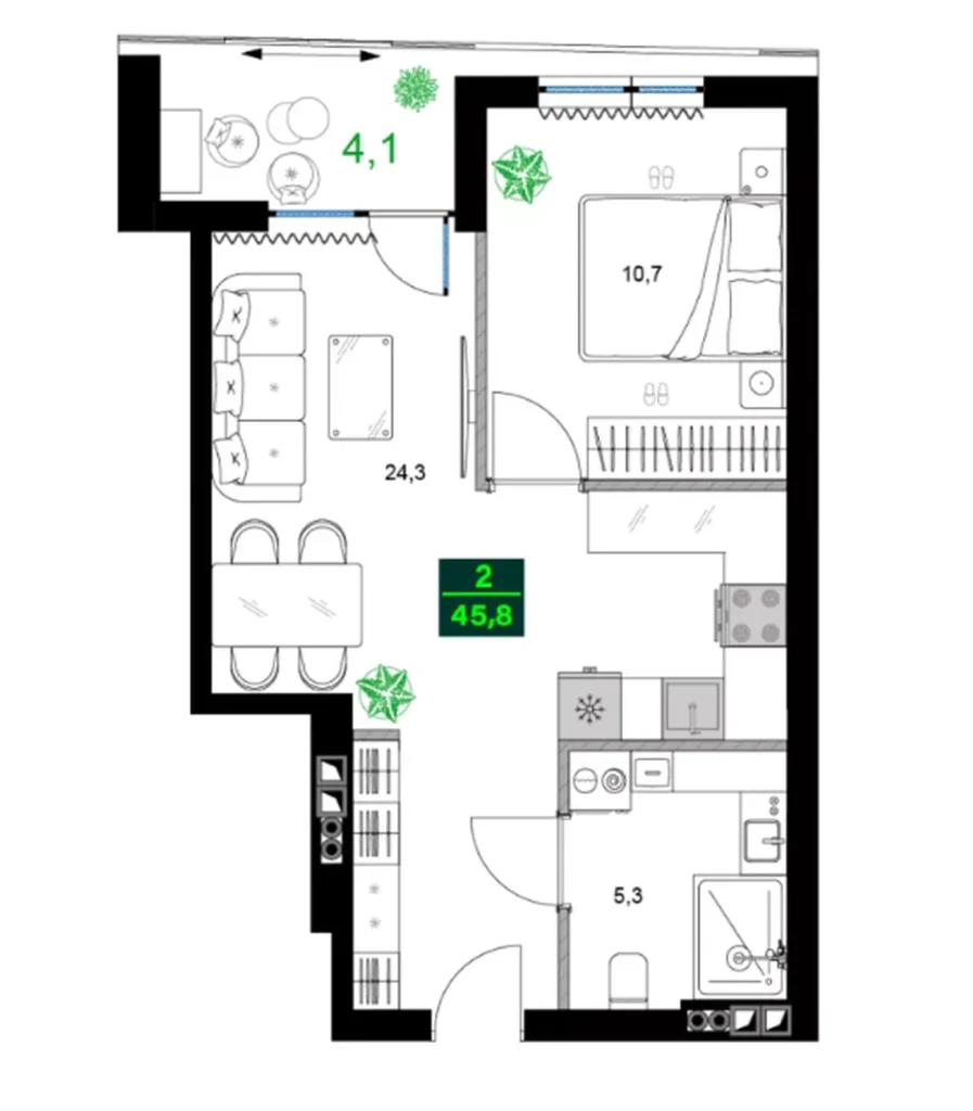 Modern one-bedroom 45.80 m² in